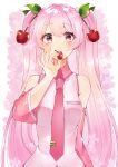  1girl :o absurdres bare_shoulders cherry cherry_blossoms cherry_hair_ornament commentary detached_sleeves eating floral_background food food_themed_hair_ornament fruit hair_ornament hatsune_miku headphones headset highres holding holding_food holding_fruit kusunokimizuha long_hair looking_at_viewer necktie open_mouth pink_eyes pink_hair pink_neckwear pink_skirt pink_sleeves pink_theme sakura_miku shirt signature skirt sleeveless sleeveless_shirt solo standing twintails very_long_hair vocaloid white_shirt 