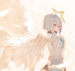  1girl amane_kanata angel_wings asymmetrical_hair black_shirt black_skirt blue_eyes blue_hair blush breasts closed_mouth commentary cowboy_shot eyebrows_visible_through_hair feathered_wings feathers from_side grey_jacket hair_between_eyes halo hand_on_own_chest hololive izumi_sai jacket long_sleeves looking_at_viewer looking_back miniskirt multicolored_hair pink_background pink_hair sailor_collar shirt short_hair silver_hair simple_background skirt small_breasts smile solo streaked_hair turtleneck virtual_youtuber wings 