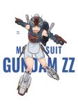  1girl bike_shorts black_gloves character_name chinese_commentary clenched_hand copyright_name elbow_gloves gloves green_eyes gundam gundam_zz highres jinri_shijie leaning_forward looking_at_viewer open_mouth personification shorts smile solo v-fin v-shaped_eyebrows white_shorts zz_gundam 