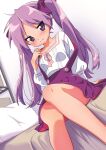  1girl arm_support bangs bare_legs bed bedroom blush bow closed_mouth collarbone commentary_request dutch_angle embarrassed eyebrows_visible_through_hair feet_out_of_frame hair_bow hand_up highres hiiragi_kagami hotaru_iori indoors long_hair long_sleeves looking_at_viewer lucky_star on_bed pillow pink_ribbon puffy_long_sleeves puffy_sleeves purple_bow purple_hair purple_skirt ribbon shirt sitting sitting_on_bed skirt solo suspender_skirt suspenders suspenders_slip twintails very_long_hair violet_eyes white_shirt 