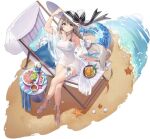  1girl aquila_(azur_lane) aquila_(sardegnian_shallows_and_sunshine)_(azur_lane) arm_support arm_up azur_lane bangs beach beach_chair blue_innertube blush bracelet braid breasts collarbone crossed_legs day eyebrows_visible_through_hair food frills from_above fruit full_body green_eyes grey_hair hat highleg highres holding ice_cream jewelry large_breasts legs long_hair looking_at_viewer looking_up navel necomi official_art outdoors parted_lips pillow round_table sand seashell shadow shell shiny shiny_hair shore silver_hair single_braid sitting smile solo starfish stomach striped sun_hat swimsuit table thigh_strap thighs toeless_footwear toes transparent_background vertical_stripes very_long_hair water white_footwear white_headwear 
