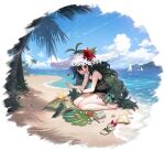  1girl azur_lane bare_shoulders barefoot beach bikini black_bikini blush boat bow byulzzi clouds day feet flower green_hair hat hat_flower heart highres leg_tattoo long_hair looking_at_viewer manjuu_(azur_lane) mountain ocean official_alternate_costume official_art open_mouth outdoors palm_tree red_bow red_eyes red_flower sailboat sandals see-through shadow shell sitting sky smile soles solo straw_hat sun_hat swimsuit tattoo thigh_tattoo toes torricelli_(azur_lane) torricelli_(shady_seaside)_(azur_lane) transparent_background tree turtle wariza water watercraft 