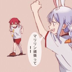  animal_ear_fluff animal_ears baton blue_hair braid carrot_hair_ornament food_themed_hair_ornament gym_shirt gym_shorts gym_uniform hair_ornament hololive homura910210 houshou_marine long_hair multicolored_hair rabbit_ears shirt shorts translation_request trembling twin_braids usada_pekora virtual_youtuber 