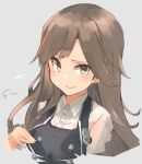  1girl arashio_(kancolle) black_dress brown_eyes brown_hair buttons closed_mouth collared_shirt dress eyebrows_visible_through_hair grey_background highres kantai_collection long_hair long_sleeves pinafore_dress remodel_(kantai_collection) shirt signature simple_background smile solo sunday_aki white_shirt 