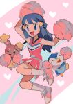  1girl :d bare_arms blue_eyes blue_hair blurry buneary cheerleader commentary_request hikari_(pokemon) eyelashes gen_4_pokemon hair_ornament hairclip heart highres hinann_bot holding holding_pom_poms long_hair open_mouth pink_footwear pink_shirt pink_skirt piplup pokemon pokemon_(anime) pokemon_(creature) pokemon_dppt_(anime) pom_poms shirt shoes skirt smile socks starter_pokemon tongue white_legwear 