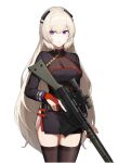  1girl bangs battle_rifle black_dress black_legwear blonde_hair breasts cero_(last2stage) dress eyebrows_visible_through_hair feet_out_of_frame full_body g3_(girls_frontline) girls_frontline gloves gun h&amp;k_g3 large_breasts long_hair long_sleeves looking_at_viewer mod3_(girls_frontline) parted_lips red_gloves rifle simple_background solo standing thigh-highs thighs violet_eyes weapon white_background 