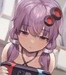 1girl bare_shoulders blurry blurry_background close-up collarbone commentary criss-cross_halter hair_ornament hair_tubes half-closed_eyes halterneck handheld_game_console highres holding holding_handheld_game_console indoors looking_down nintendo_switch purple_hair rokuyasuhara sidelocks solo upper_body violet_eyes vocaloid voiceroid yuzuki_yukari 