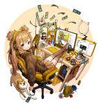  1girl artist_name bishoujo_senshi_sailor_moon blush brown_eyes brown_hair brown_jacket brown_legwear brown_skirt can cellphone chair charm_(object) chopsticks coin computer_tower controller dog_food doge dollar_bill elon_musk eyebrows_visible_through_hair figure game_controller gaming_chair hair_ornament hair_ribbon headphones highres holding holding_leash instant_ramen jacket keyboard_(computer) lamp leash legs_up long_hair looking_at_viewer looking_back mat monitor mouse_(computer) no_shoes original pen phone pleated_skirt ribbon rinotuna sailor_mars shiba_inu simple_background skirt smartphone smile soda_can solo speaker stuffed_toy thigh-highs trash_can twintails white_ribbon youtube zettai_ryouiki 