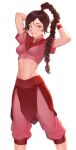  arms_behind_head arms_up avatar:_the_last_airbender avatar_(series) bangs braid braided_ponytail breasts brown_eyes brown_hair capri_pants cheshirrr commentary highres long_hair looking_at_viewer medium_breasts midriff navel pants parted_lips pink_pants ponytail shiny shiny_hair short_sleeves simple_background smile solo standing stomach tied_hair ty_lee white_background wristband 