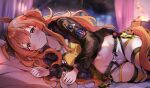  1girl absurdres animal_ears belt black_jacket blurry crop_top depth_of_field dog_tags groin hair_ribbon highres horse_ears horse_girl horse_tail huge_filesize indoors jacket long_hair long_sleeves looking_at_viewer lying mayano_top_gun_(umamusume) midriff navel on_bed on_side open_clothes open_fly open_jacket open_shorts orange_eyes orange_hair orange_legwear panties panty_peek ribbon sak_(lemondisk) shirt short_shorts shorts smile solo stomach tail thigh-highs thighs twintails two_side_up umamusume underwear white_panties white_shorts yellow_shirt 