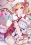  1girl :o apron arm_support ascot back_bow bangs blonde_hair blurry blurry_background blush book bow brooch character_doll commentary_request crescent crescent_hat_ornament crystal depth_of_field eyebrows_visible_through_hair fang flandre_scarlet green_neckwear hat hat_bow hat_ornament heart heart-shaped_pupils highres holding holding_book holding_stuffed_toy izayoi_sakuya jewelry leaning_forward looking_at_viewer maid_headdress mob_cap nail_polish one_side_up open_mouth patchouli_knowledge petticoat pink_eyes pink_headwear puffy_short_sleeves puffy_sleeves red_bow red_nails red_neckwear red_skirt red_vest remilia_scarlet short_hair short_sleeves simple_background sitting skin_fang skirt solo stuffed_animal stuffed_toy suzukkyu swept_bangs symbol-shaped_pupils teddy_bear touhou v_arms vest waist_apron wariza white_apron white_background white_bow wings yellow_neckwear 