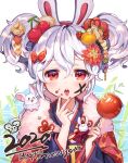  1girl 2020 animal_ears azur_lane bangs candy candy_apple cherry_hair_ornament commentary_request eyebrows_visible_through_hair fake_animal_ears food food_on_face food_themed_hair_ornament fur_scarf hair_ornament hairband happy_new_year highres holding holding_candy holding_food japanese_clothes kimono laffey_(azur_lane) laffey_(snow_rabbit_and_candied_apple)_(azur_lane) lerome long_hair looking_at_viewer mouse nengajou new_year open_mouth rabbit_ears red_eyes sidelocks solo strawberry_hair_ornament tongue tongue_out twintails white_hair wide_sleeves 