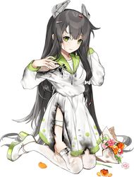  1girl black_hair bouquet dress flower full_body green_eyes headgear hoshiakari_(c2_kikan) i-47_(kancolle) kantai_collection long_hair low-tied_long_hair official_art sidelocks thigh-highs torn_clothes white_dress 