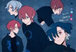  3boys black_shirt blue_background blue_eyes blue_hair hair_between_eyes highres light_blue_hair long_sleeves multiple_boys multiple_views original patterned_background print_shirt red_eyes redhead shirt yutsukidayo 