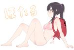  1girl arm_support backpack bag bare_arms bare_legs bare_shoulders barefoot bikini black_hair blush breasts brown_eyes character_name eyebrows_visible_through_hair flat_color from_side full_body hair_ornament hair_scrunchie hair_up halterneck highres ichijou_hotaru knees_up large_breasts leaning_back long_hair midriff nail_polish navel non_non_biyori pink_bikini pink_nails ponytail purple_scrunchie randoseru red_bag school_bag scrunchie simple_background sincos sitting sketch solo string_bikini swimsuit under_boob white_background 