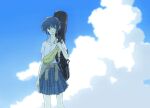  1girl blue_hair blue_skirt blue_sky clouds cloudy_sky earrings feet_out_of_frame highres instrument_on_back jewelry looking_at_viewer original plaid plaid_skirt pleated_skirt shirt shirt_tucked_in short_hair short_sleeves skirt sky smile solo white_shirt yutsukidayo 