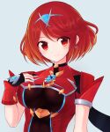  1girl alternate_color bangs black_gloves blush breasts chest_jewel disconnected_mouth earrings eyebrows_visible_through_hair eyes_visible_through_hair fingerless_gloves gloves hand_up jewelry large_breasts looking_at_viewer pyra_(xenoblade) red_eyes redhead short_hair solo super_smash_bros. suta_(clusta) swept_bangs tiara upper_body xenoblade_chronicles_(series) xenoblade_chronicles_2 