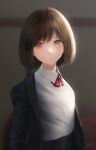  1girl bangs blazer blurry brown_eyes brown_hair collared_shirt depth_of_field expressionless highres jacket looking_at_viewer neck_ribbon ojay_tkym original parted_lips pleated_skirt red_neckwear ribbon school_uniform shirt short_hair signature skirt solo upper_body 