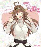  1girl ahoge anniversary blush brown_hair double_bun eyebrows_visible_through_hair grey_sweater hairband headgear jewelry kantai_collection kongou_(kancolle) long_hair long_sleeves one_eye_closed open_mouth ribbed_sweater ring shigure_ryuunosuke smile solo sweater upper_body violet_eyes wedding_band 