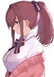  1girl alternate_hairstyle blue_eyes blush bow breasts brooch brown_hair closed_mouth collared_shirt commentary eyebrows_visible_through_hair from_side hair_bow highres jacket jewelry large_breasts medium_hair neck_ribbon nijisanji off_shoulder open_clothes open_jacket pink_jacket ponytail profile purple_bow purple_neckwear purple_ribbon ribbon shirt sidelocks simple_background smile solo sorotu striped striped_ribbon suzuhara_lulu upper_body virtual_youtuber white_background white_shirt 