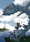  1girl bangs building clouds cloudy_sky dress from_side full_body gen_1_pokemon gen_2_pokemon grass highres hinase_kaguya holding island jasmine_(pokemon) long_hair magnemite magnet pokemon pokemon_(creature) sandals shade sky solid_circle_eyes standing steelix twintails two_side_up water white_dress 