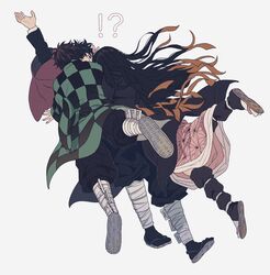  !? 1girl 234_(1234!) 2boys arm_up black_hair black_pants blue_eyes brother_and_sister brown_hair covered_mouth from_behind full_body group_hug haori highres hug japanese_clothes kamado_nezuko kamado_tanjirou kimetsu_no_yaiba kimono leg_warmers long_hair long_sleeves multicolored_hair multiple_boys pants sandals short_hair siblings simple_background surprised tabi tomioka_giyuu two-tone_hair white_background wide_sleeves 