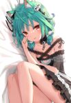    1girl animal_ear_fluff animal_ears bangs black_choker black_dress cat_ears choker collarbone dress eyebrows_visible_through_hair flat_chest green_hair green_nails hair_ornament highres hololive looking_at_viewer lying on_side open_mouth panties pantyhose red_eyes short_dress short_hair skull_hair_ornament smile solo underwear uruha_rushia virtual_youtuber white_panties yasuyuki 