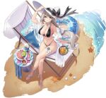    1girl aquila_(azur_lane) aquila_(sardegnian_shallows_and_sunshine)_(azur_lane) azur_lane beach bikini black_bikini blue_innertube braid breasts crossed_legs food from_above full_body green_eyes grey_hair hat highleg highleg_bikini highres ice_cream large_breasts long_hair looking_at_viewer looking_up necomi official_art pillow round_table sand silver_hair single_braid solo starfish sun_hat swimsuit table thigh_strap transparent_background very_long_hair water white_footwear white_headwear 