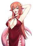  absurdres commission commissioner_upload dress forked_tongue hair_between_eyes hair_ornament highres jewelry lamia lipstick long_hair looking_at_viewer makeup miia_(monster_musume) monster_girl monster_musume_no_iru_nichijou moonmirageart necklace pointy_ears redhead scales slit_pupils snake_tail tongue tongue_out transparent_background wide_hips yellow_eyes 
