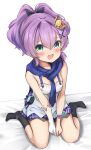  1girl :d absurdres azur_lane bangs bed_sheet black_legwear blush bracelet commentary_request crown eyebrows_visible_through_hair from_above gloves green_eyes hair_ornament hair_ribbon hairpin highres javelin_(azur_lane) jewelry long_hair looking_at_viewer looking_up micchamu mini_crown open_mouth plaid plaid_skirt pleated_skirt ponytail purple_hair ribbon sidelocks simple_background single_glove sitting skirt smile solo v_arms wariza 