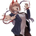  1girl blood blue_jacket chainsaw_man francisco_mon highres horns jacket light_brown_hair long_tongue looking_at_viewer necktie power_(chainsaw_man) red_eyes red_horns sharp_teeth shirt smile teeth tongue white_shirt 