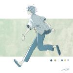  1boy blue_footwear blue_pants bracelet floral_print highres jewelry original pants print_shirt profile running shadow shirt shoes short_hair short_sleeves solo white_hair yutsukidayo 