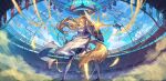 1girl absurdres animal_ears arknights blemishine_(arknights) blonde_hair cape drone feathers glowing glowing_sword glowing_weapon highres horse_ears horse_tail huge_filesize light long_hair looking_back pixerite ponytail shield stadium tail weapon yellow_eyes 