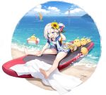  1girl azur_lane bare_arms barefoot beach blue_eyes blue_hair blue_sky blush bracelet byulzzi character_name clouds cloudy_sky collarbone day expressions feet flower full_body hair_flower hair_ornament highres jewelry legs libeccio_(azur_lane) libeccio_(beachbound_southwestern_wind!)_(azur_lane) lighthouse manjuu_(azur_lane) multicolored_hair ocean official_art open_mouth outdoors salute school_swimsuit shore short_hair silver_hair sitting sky smile sunflower sunflower_hair_ornament surfboard swimsuit toes towel transparent_background water 