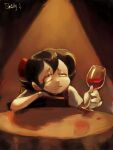  1girl alcohol artist_name black_hair brown_eyes chair commentary cup drinking_glass drunk english_commentary grimace hat highres original red_headwear red_wine sh1tty2 short_hair sidelocks solo table teeth wine wine_glass 