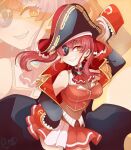  1girl absurdres breasts coat eyepatch grin hand_on_hip hat highres hololive houshou_marine long_hair looking_at_viewer midriff mori_calliope_(artist) red_eyes redhead skirt sleeves_past_fingers sleeves_past_wrists smile solo virtual_youtuber yellow_eyes zoom_layer 