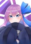  1girl absurdres blue_eyes blue_ribbon blush commentary_request fate/extra fate/extra_ccc fate/grand_order fate_(series) frown hair_between_eyes highres huge_filesize loading_(vrvn) long_hair long_sleeves looking_at_viewer meltryllis_(fate) purple_hair ribbon shiny shiny_hair sleeves_past_fingers sleeves_past_wrists solo 
