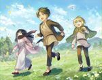  1girl 2boys :d animal armin_arlert bird black_eyes black_hair blonde_hair blue_eyes brown_footwear brown_hair brown_jacket brown_pants clenched_hand clenched_hands cloak clouds commentary_request covered_mouth cross-laced_clothes day dress eren_yeager flower fushitasu grass green_eyes jacket long_hair long_sleeves mikasa_ackerman multiple_boys open_mouth outdoors pants petals pink_jacket running scarf shingeki_no_kyojin short_hair smile tareme tree tunic white_dress younger 