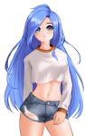  1girl absurdres blue_eyes blue_hair blush borrowed_character breasts contrapposto crop_top denim denim_shorts english_commentary highres long_hair long_sleeves looking_at_viewer minah_(chaesu) mismatched_eyebrows navel original reyna_(reynarts) short_shorts shorts small_breasts solo standing torn_clothes torn_shorts twitter_username watermark white_background 