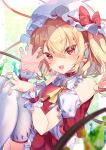  1girl :d adapted_costume ascot bangs bare_shoulders blonde_hair blurry blurry_foreground blush bow choker claw_pose crystal depth_of_field detached_sleeves earrings eyebrows_visible_through_hair fang feet_out_of_frame flandre_scarlet frilled_shirt_collar frills gradient gradient_background hair_between_eyes hand_on_own_knee hand_up hat hat_bow highres jewelry knees_up looking_at_viewer mizurapi mob_cap nail_polish one_side_up open_mouth petticoat pointy_ears puffy_short_sleeves puffy_sleeves red_bow red_choker red_eyes red_nails red_skirt red_vest short_hair short_sleeves simple_background skin_fang skirt smile solo thigh-highs touhou tsurime vest white_headwear white_legwear wings wrist_cuffs yellow_neckwear 
