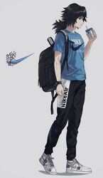  1boy 234_(1234!) alternate_costume backpack bag black_hair black_legwear blue_eyes blue_shirt casual closed_mouth contemporary drinking_straw full_body grey_background hand_up highres juice_box kimetsu_no_yaiba long_hair looking_at_viewer low_ponytail male_focus nike pants ponytail print_shirt shirt shoes short_sleeves simple_background sneakers solo standing sweatpants tomioka_giyuu walking watch white_footwear 