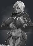  1girl :o absurdres aestheticc-meme armpit_peek bangs bodysuit breasts english_commentary fang_necklace fishnet_bodysuit fishnets greyscale highres huge_breasts leaning_back looking_at_viewer monochrome monster_hunter_(series) monster_hunter_rise navel open_hands panties parted_lips short_hair solo sweat thick_thighs thighs under_boob underwear 