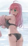  1girl absurdres ahoge ass back bangs bikini black_bikini breasts eyebrows_visible_through_hair green_eyes grey_sky hair_between_eyes hair_ornament highres hololive horizon kintarou_(kintarou&#039;s_room) looking_at_viewer medium_breasts medium_hair ocean pink_hair pink_shirt sakura_miko shirt shoulder_blades sideboob solo standing swimsuit swimwear undressing x_hair_ornament 