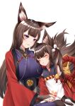  2girls absurdres amagi-chan_(azur_lane) amagi_(azur_lane) animal_ears azur_lane bangs black_gloves black_legwear blunt_bangs brown_hair commentary_request detached_sleeves eyebrows_visible_through_hair eyeshadow fingerless_gloves fox_ears fox_girl fox_tail gloves highres holding_hands japanese_clothes konparu_uran kyuubi leaning_on_person long_hair looking_at_another makeup manjuu_(azur_lane) mother_and_daughter multiple_girls multiple_tails sidelocks simple_background sleeping sleeping_on_person smile tail twintails violet_eyes white_background wide_sleeves younger 