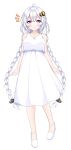  1girl :o ^^^ absurdres ahoge bangs blue_eyes braid commentary dress full_body hair_ornament hair_tubes highres kizuna_akari long_hair looking_at_viewer open_mouth sleeveless sleeveless_dress solo standing tomin_(tomin_90) twin_braids twintails very_long_hair voiceroid white_dress white_footwear white_hair 