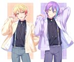 2boys :p absurdres black_shirt blonde_hair collared_shirt cowboy_shot earrings gradient_hair green_shorts grey_neckwear grey_ribbon grey_shorts hand_up head_tilt highres jacket jewelry kamishiro_rui looking_at_viewer male_focus multicolored_hair multiple_boys neck_ribbon open_clothes open_jacket parted_lips project_sekai purple_hair purple_jacket purple_neckwear purple_ribbon redhead ribbon sekina shirt short_hair shorts smile standing streaked_hair stud_earrings suspenders tenma_tsukasa tongue tongue_out wing_collar yellow_eyes yellow_jacket 