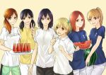  6+girls blonde_hair blue_shirt brown_hair food freckles fruit grin haikyuu!! happy holding holding_food kanameyura long_hair looking_at_viewer miyanoshita_eri multiple_girls otaki_mako pants plate ponytail rimless_eyewear shimizu_kiyoko shirofuku_yukie shirt short_hair short_sleeves simple_background smile suzumeda_kaori track_pants twintails v watermelon white_shirt yachi_hitoka yellow_shirt 