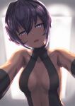  1girl announ_(kurotya) backlighting bangs bare_shoulders black_gloves black_hairband black_leotard breasts center_opening collarbone commentary_request dark_skin dark-skinned_female fate/prototype fate/prototype:_fragments_of_blue_and_silver fate_(series) gloves hairband hassan_of_serenity_(fate) highres leotard looking_at_viewer medium_breasts navel open_mouth purple_hair short_hair sidelocks smile solo violet_eyes 