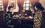  234_(1234!) 2boys :o black_pants blue_eyes blurry blurry_foreground blush brown_eyes brown_hair chair cherry cup curtains dessert drink feet_out_of_frame flower food food_request fork fruit gakuran hair_slicked_back hands_up haori high_collar highres ice_cream ice_cream_float indoors japanese_clothes kamado_tanjirou kimetsu_no_yaiba long_sleeves looking_at_another looking_down male_focus multiple_boys napkin open_mouth pants parted_lips plate pudding school_uniform short_hair sitting spoon surprised table tea teacup tomioka_giyuu vase wide-eyed window 