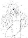 1girl animal_ears artist_request ass_visible_through_thighs braid breasts bunny_girl covered_navel elbow_gloves eyebrows_visible_through_hair gloves highres long_hair lying monochrome on_back one-piece_swimsuit open_mouth original rabbit_ears sketch solo swimsuit thigh-highs thighs 